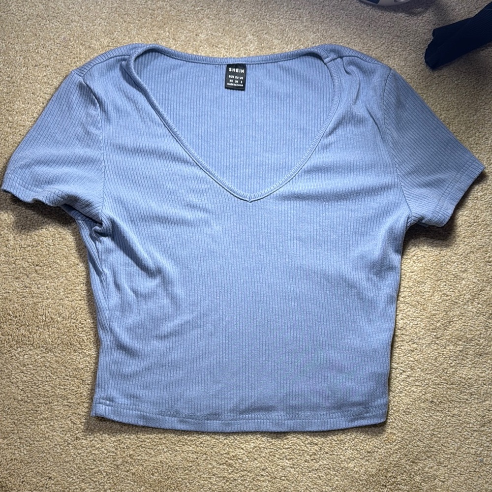 XS SHEIN Blue V-Neck Ribbed Women's Top